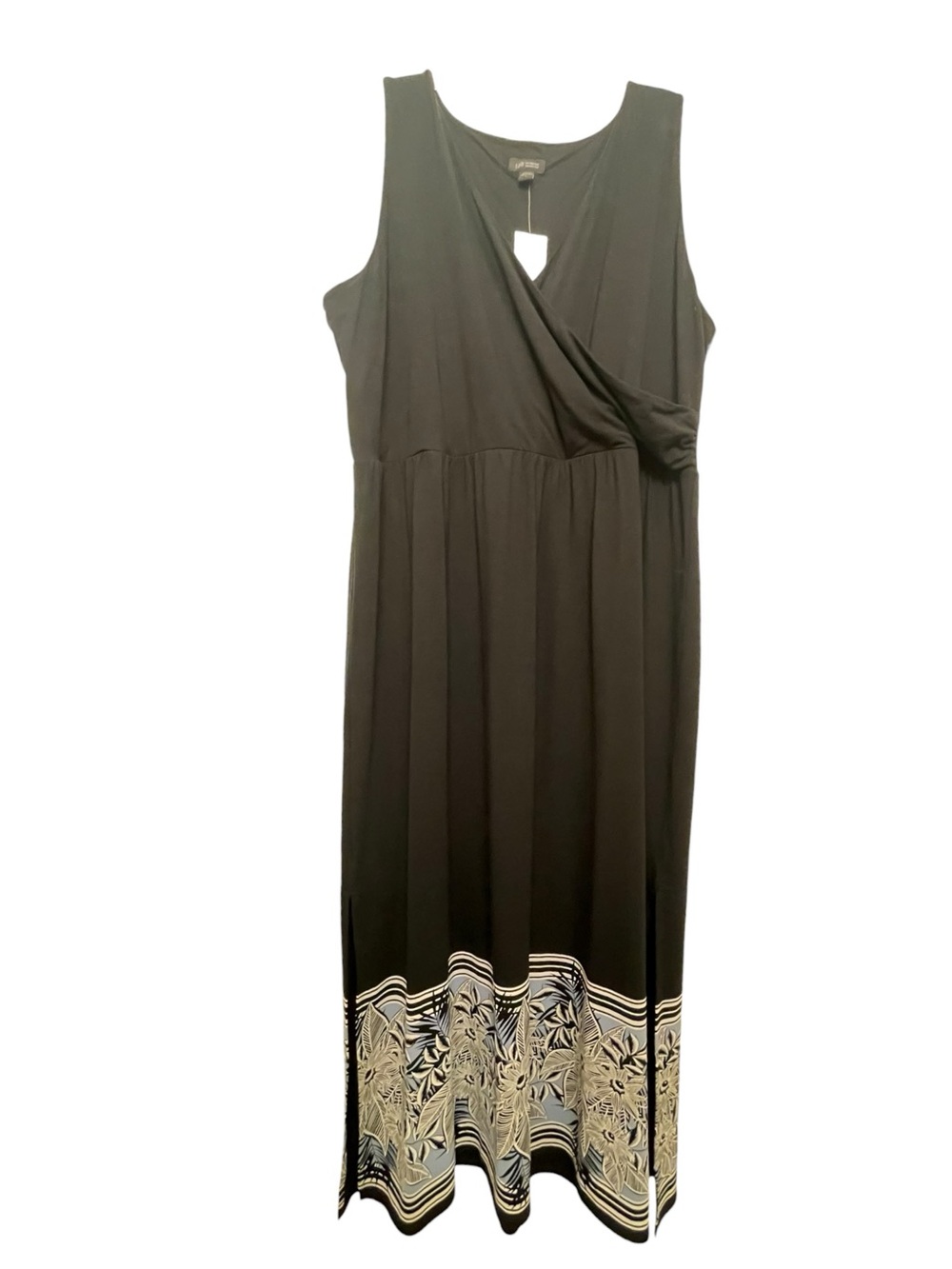 J JILL Sleeveless Black Maxi Dress with Hawaiian Floral Print Hem Large NWT